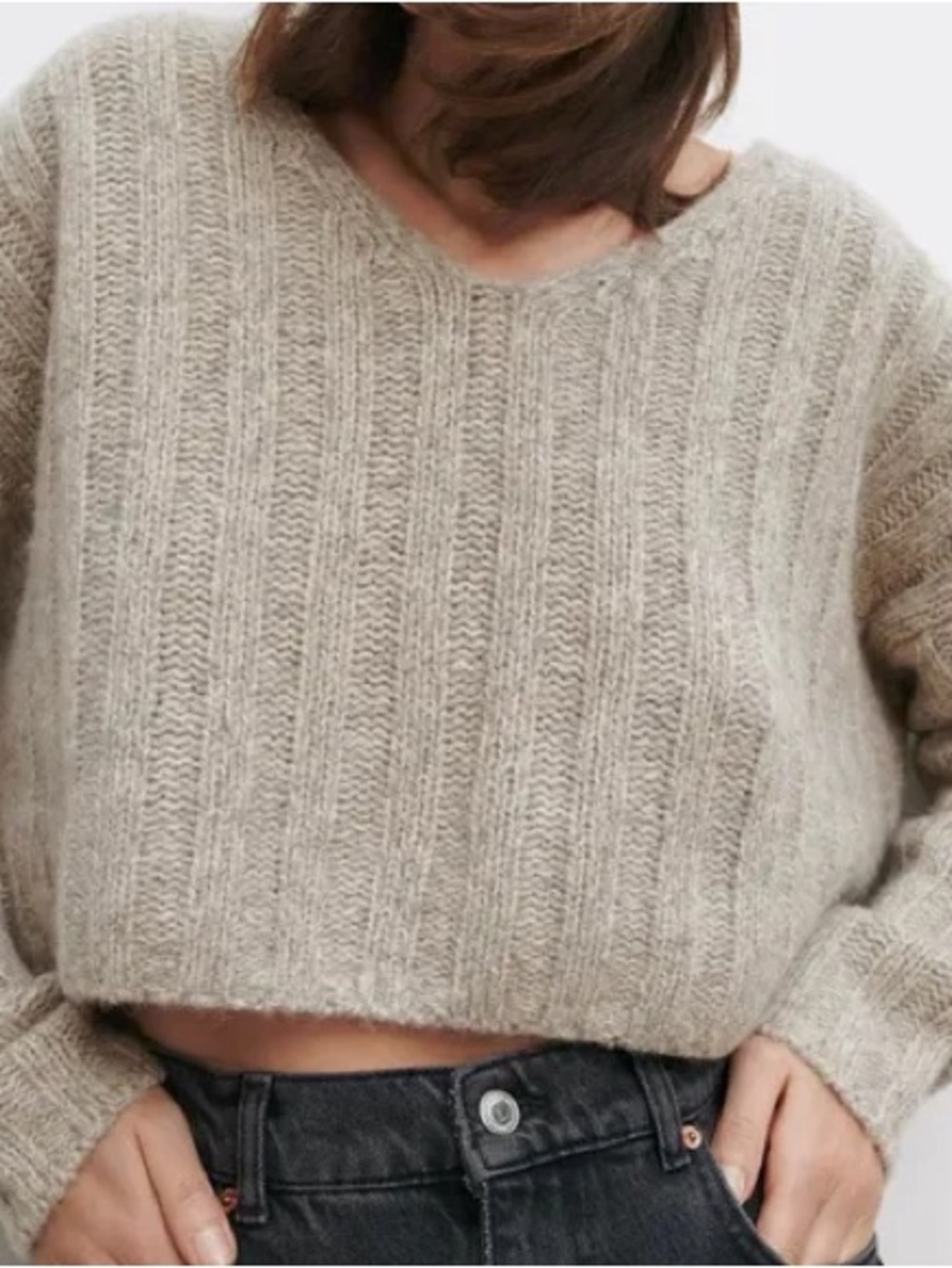 Zara Cropped Ribbed V-Neck Sweater in Taupe